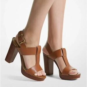 NEW Michael Kors Women's Luggage Leather Becker T Strap Heels Sandal US Size 7M